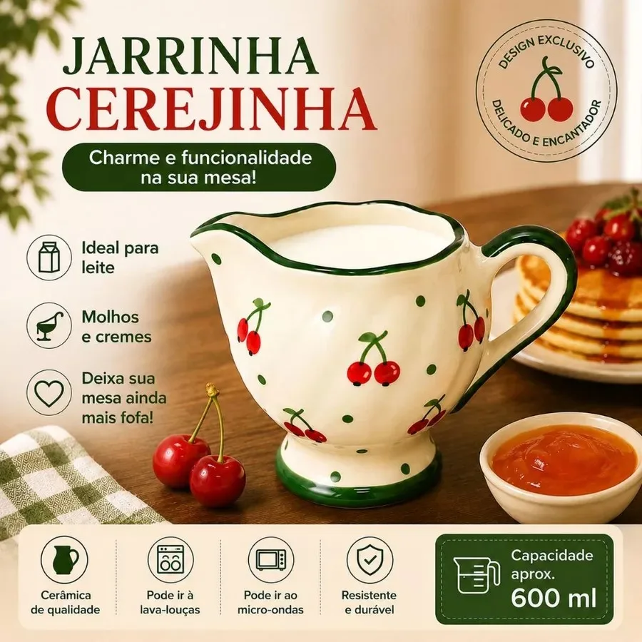 Jarrinha decorativa de cerâmica com cerejas