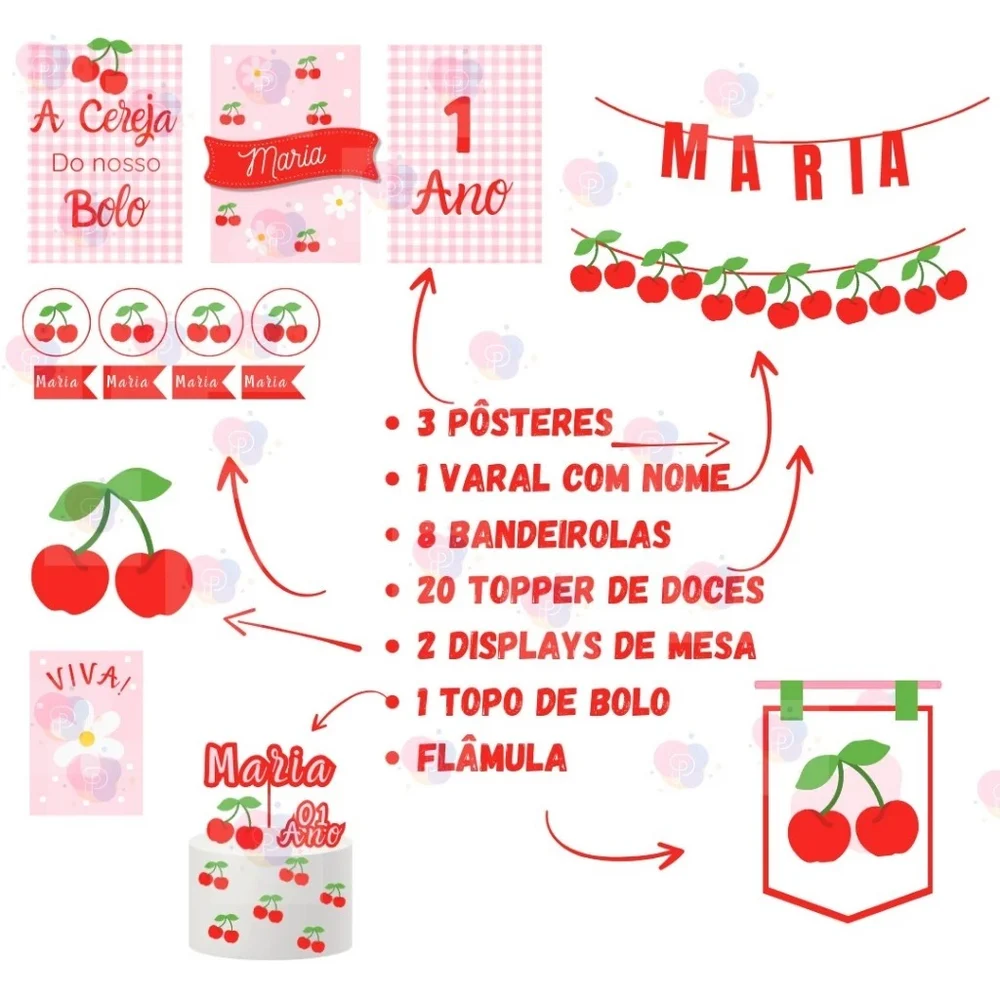 Kit de papelaria personalizada com tema Cereja