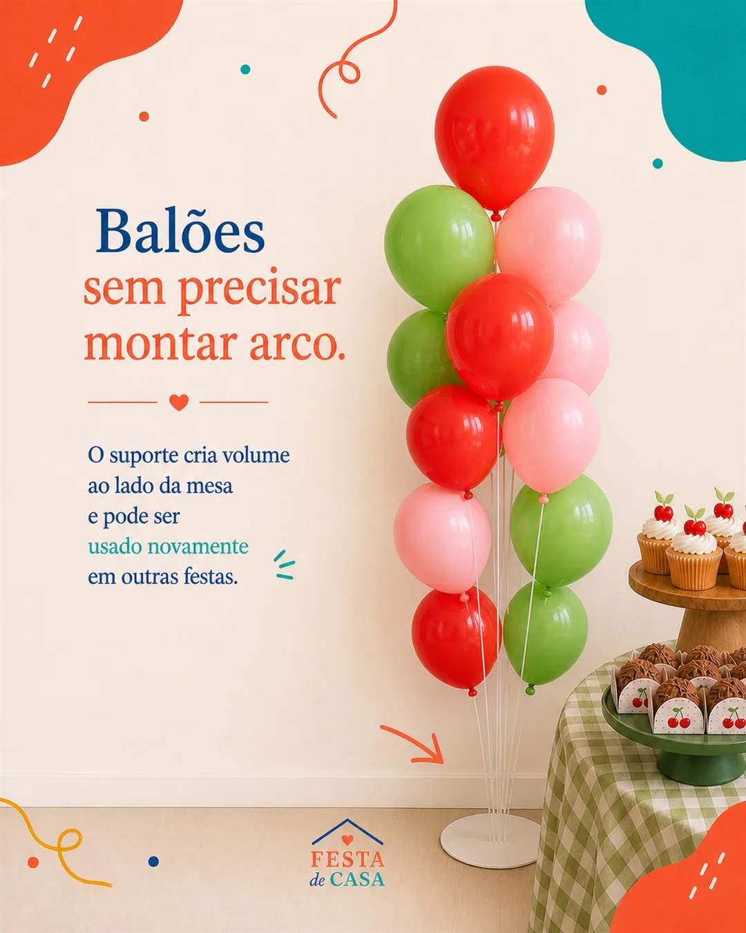 Arranjo de balões vermelhos, verdes e rosas montado em suporte