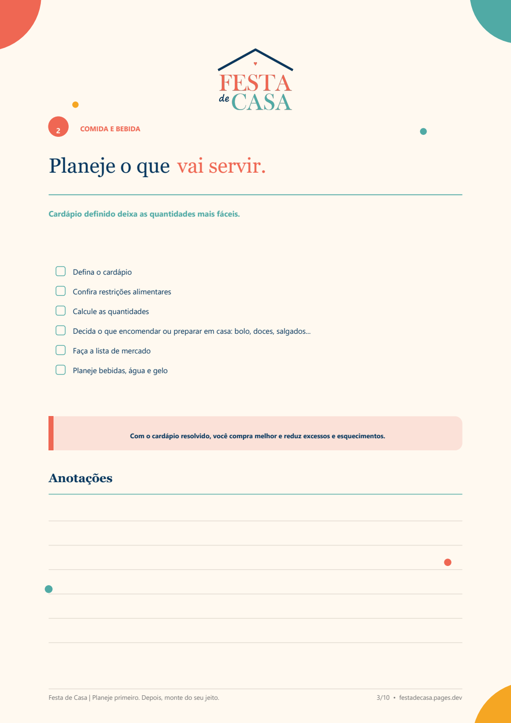 Página Comida e bebida do checklist