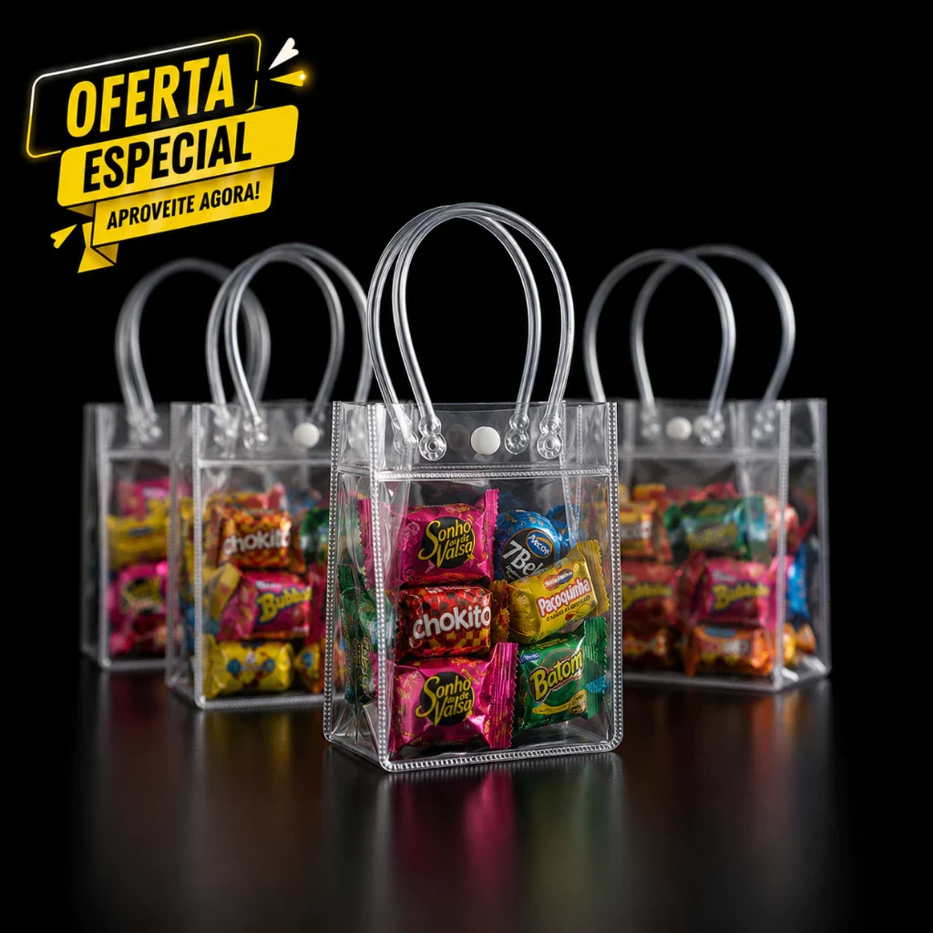 Sacolinhas transparentes pequenas; os doces da foto não acompanham o produto