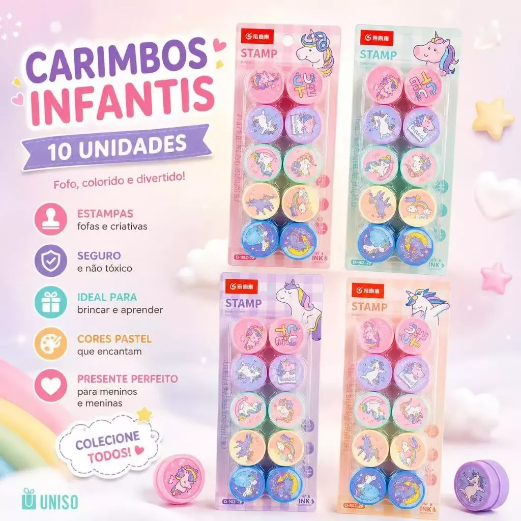 Cartelas com mini carimbos infantis de unicórnio