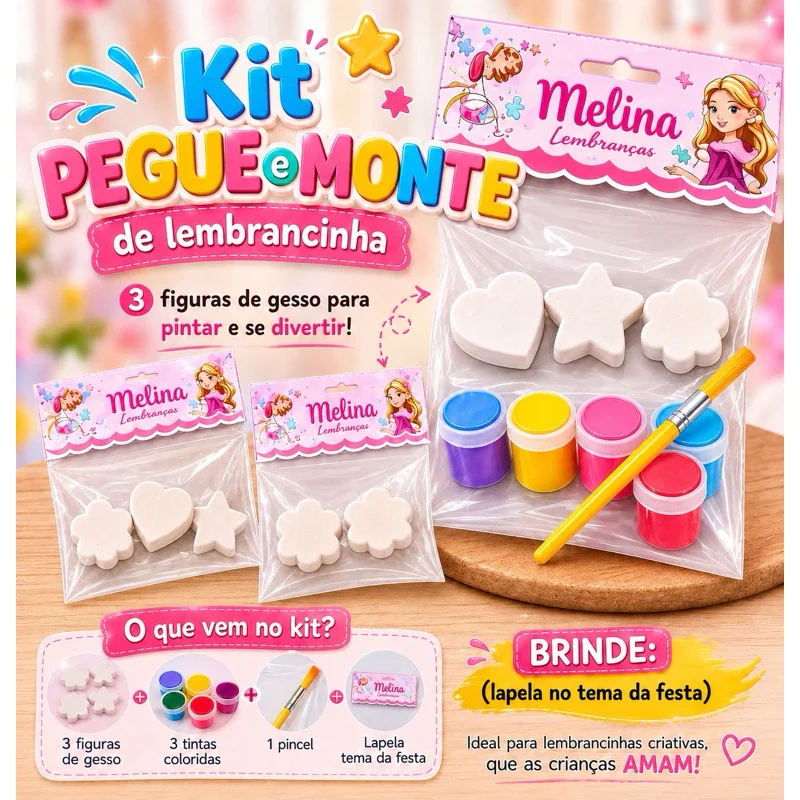Kit de pintura em gesso com três peças, tintas, pincel e lapela personalizada